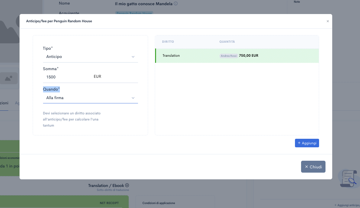 Aggiungi anticipo/fee